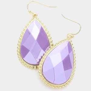 Lavender Purple Teardrop Dangle Drop Earrings Gold Trim Fish Hook